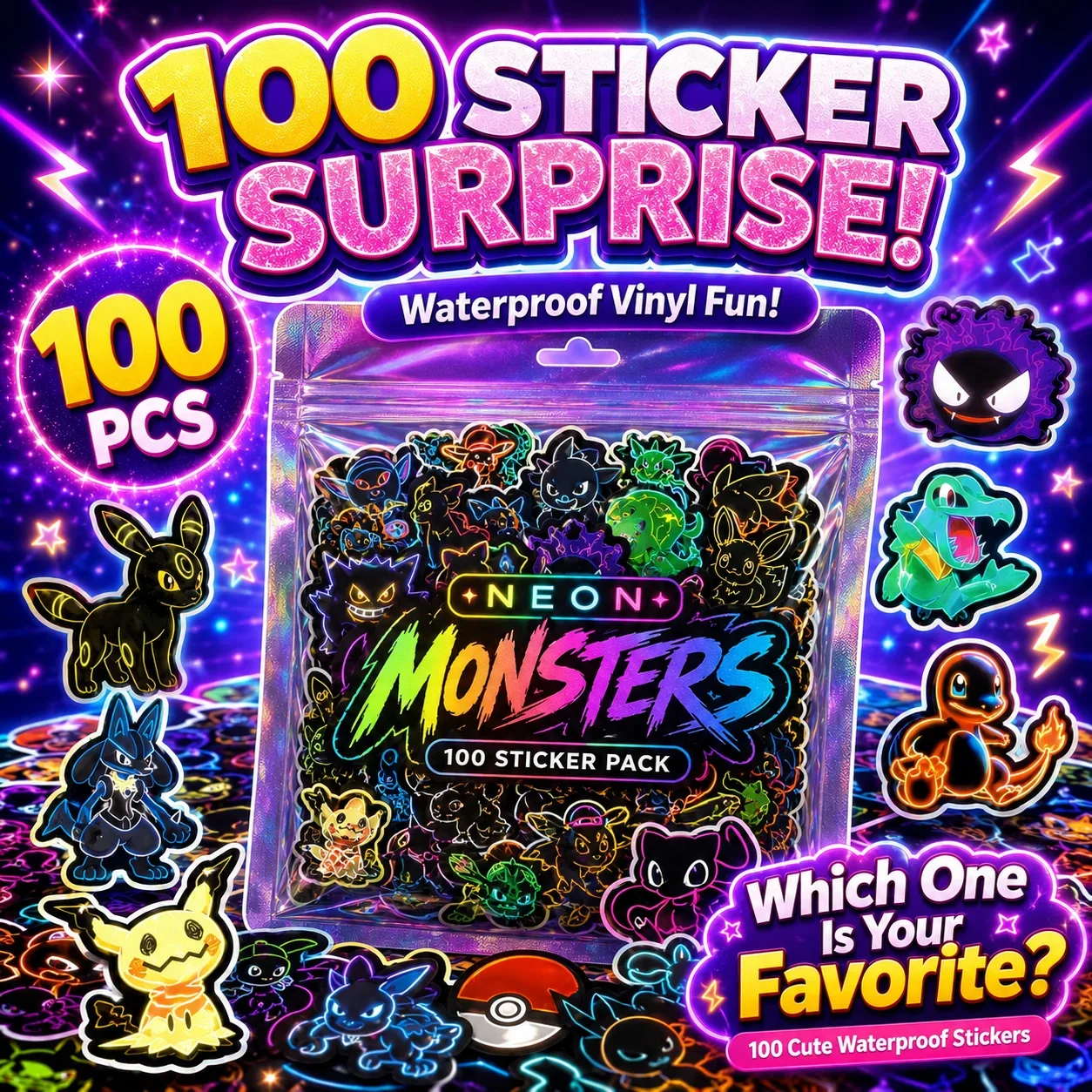 100pcs Neon  Pokémon  Stickers - Scrapbooking recension och pris